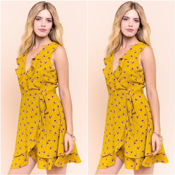 LAST 1❗GILLI Chic Mustard Floral Ruffle Wrap Dress - Picture 4 of 4